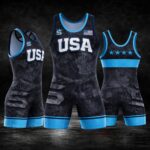 Blue Valor USA wrestling singlet front side back view freestyle Greco patriotic competition gear