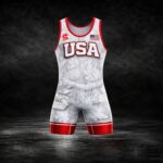 Woodsy Red freestyle wrestling singlet front view by Supreme Singlets