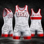 Woodsy Red wrestling singlet front, back and side views by Supreme Singlets