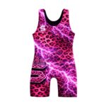Electric Leopard wrestling singlet front view pink leopard lightning design