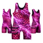 Electric Leopard wrestling singlet front view pink leopard lightning design