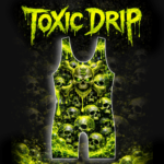 Toxic Drip wrestling singlet front view glowing toxic skull design