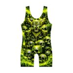 Toxic Drip wrestling singlet front view glowing toxic skull design