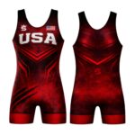 USA Red Fury wrestling singlet front view patriotic red and black competition singlet with USA chest graphic