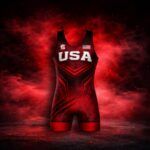 USA Red Fury wrestling singlet front view patriotic red and black competition singlet with USA chest graphic
