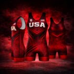 USA Red Fury wrestling singlet multi view showing front side and back angles red and black patriotic competition singlet