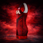 USA Red Fury wrestling singlet side view with single side seam flatlock stitching patriotic red black design